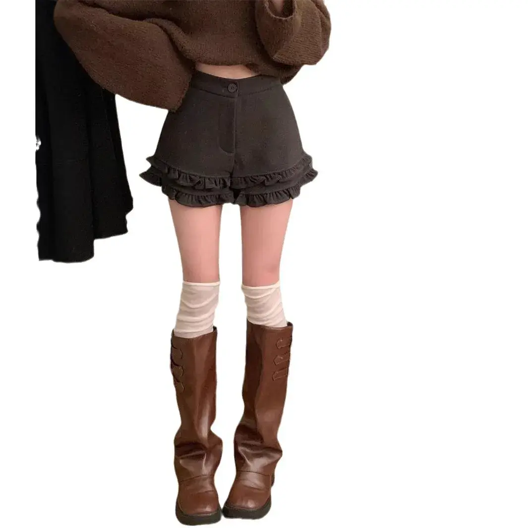 Factory Direct High-Waisted Slimming Woolen Shorts Winter Spicy Girl Casual Pants Women's Korean Style Wood Ear Edge Splicing