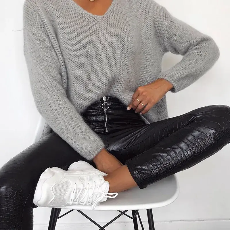 High Waist Slim Fit PU Leather Zipper Leggings Women's Fashion Crocodile Pattern Casual Pants Autumn Winter Trendy Trousers