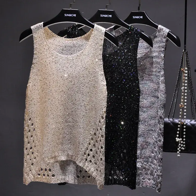 Korean En Home BINGBING Sequins Beads Round Neck Sleeveless Knit T-Shirt Top Lightweight Summer Style Casual Wear