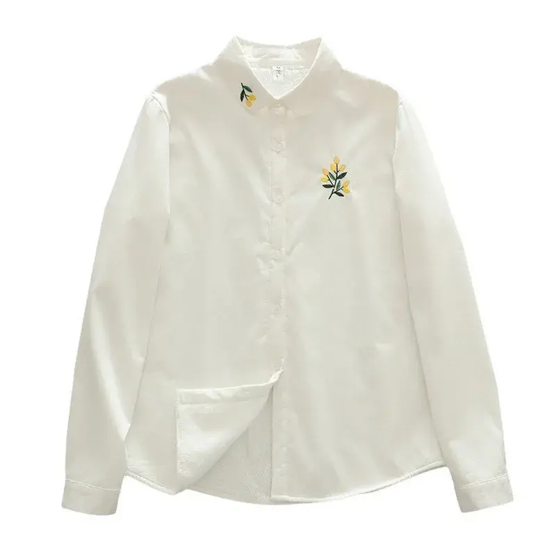 Autumn/Winter New Fleece-Lined Shirt Thickened White Women's Loose-Fit Versatile Artistic Embroidery Flower Inner Lining Warm Co