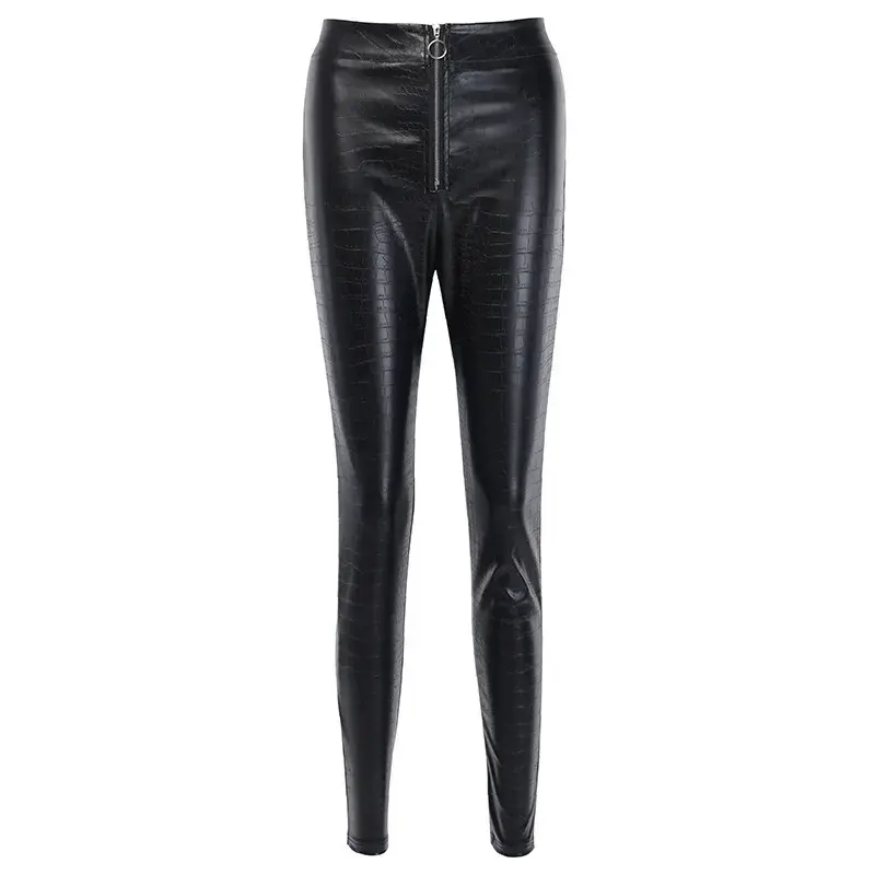 High Waist Slim Fit PU Leather Zipper Leggings Women's Fashion Crocodile Pattern Casual Pants Autumn Winter Trendy Trousers