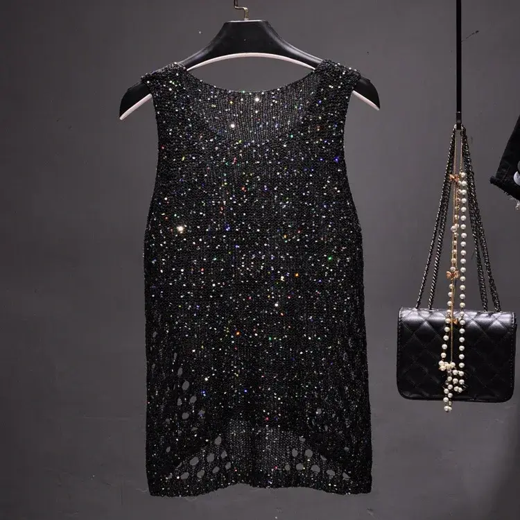 Korean En Home BINGBING Sequins Beads Round Neck Sleeveless Knit T-Shirt Top Lightweight Summer Style Casual Wear