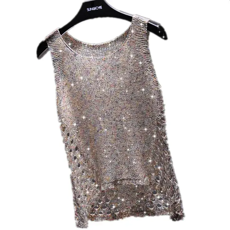 Korean En Home BINGBING Sequins Beads Round Neck Sleeveless Knit T-Shirt Top Lightweight Summer Style Casual Wear