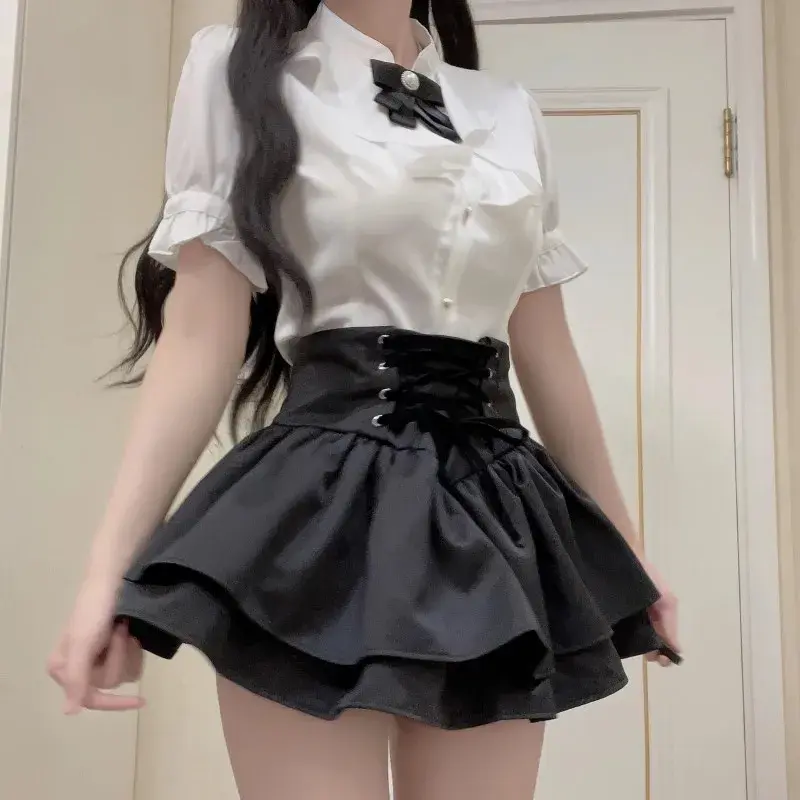 High Waist Double Layer Black Vintage Puffy Skirt Middle East Elegance Southeast Asia A- Line Polyester Fiber Zipper Decorated H