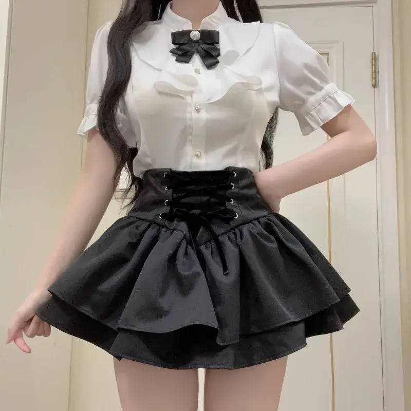High Waist Double Layer Black Vintage Puffy Skirt Middle East Elegance Southeast Asia A- Line Polyester Fiber Zipper Decorated H