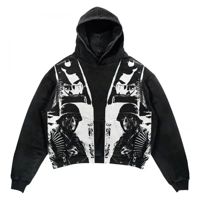 Gothic Style Men's Skull Hoodie Casual Letter Explosion Print Thickened Winter Sweatshirt Harajuku Retro Y2K Streetwear