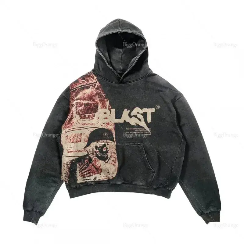 Gothic Style Men's Skull Hoodie Casual Letter Explosion Print Thickened Winter Sweatshirt Harajuku Retro Y2K Streetwear