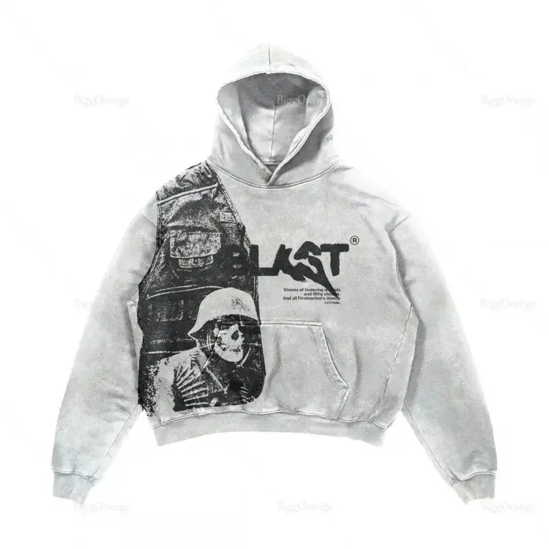 Gothic Style Men's Skull Hoodie Casual Letter Explosion Print Thickened Winter Sweatshirt Harajuku Retro Y2K Streetwear