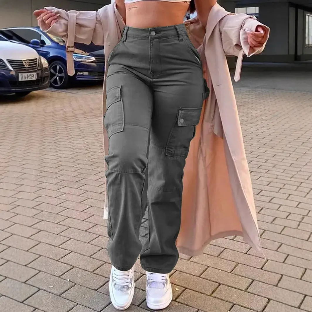 Casual Women's Work Pants Straight Leg Multi-Pocket Versatile Spring Summer American Retro Long Trousers 8069