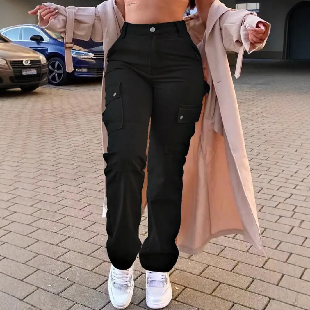 Casual Women's Work Pants Straight Leg Multi-Pocket Versatile Spring Summer American Retro Long Trousers 8069