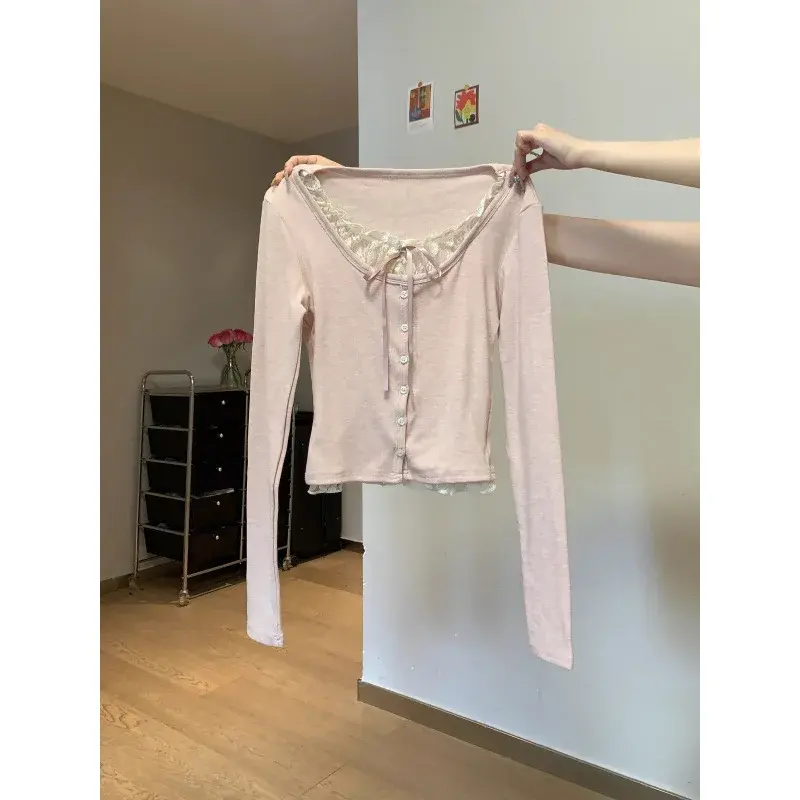 Early Spring Pink Lace Splice Long Sleeve T-Shirt Women's New Style Pure Desire Inner Wear Base Shirt BM Top Polyester Fiber