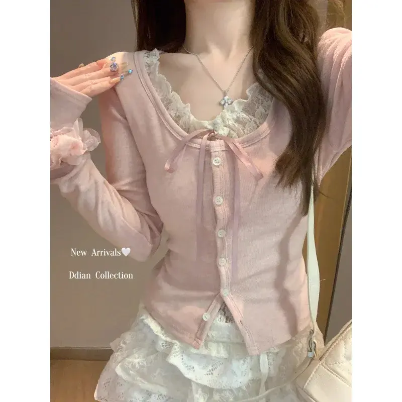 Early Spring Pink Lace Splice Long Sleeve T-Shirt Women's New Style Pure Desire Inner Wear Base Shirt BM Top Polyester Fiber