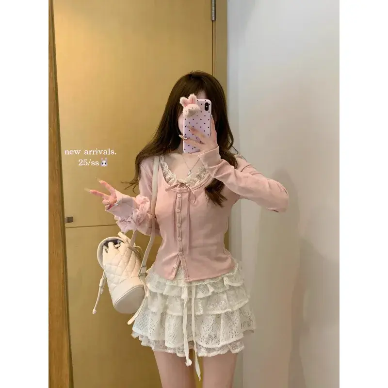 Early Spring Pink Lace Splice Long Sleeve T-Shirt Women's New Style Pure Desire Inner Wear Base Shirt BM Top Polyester Fiber