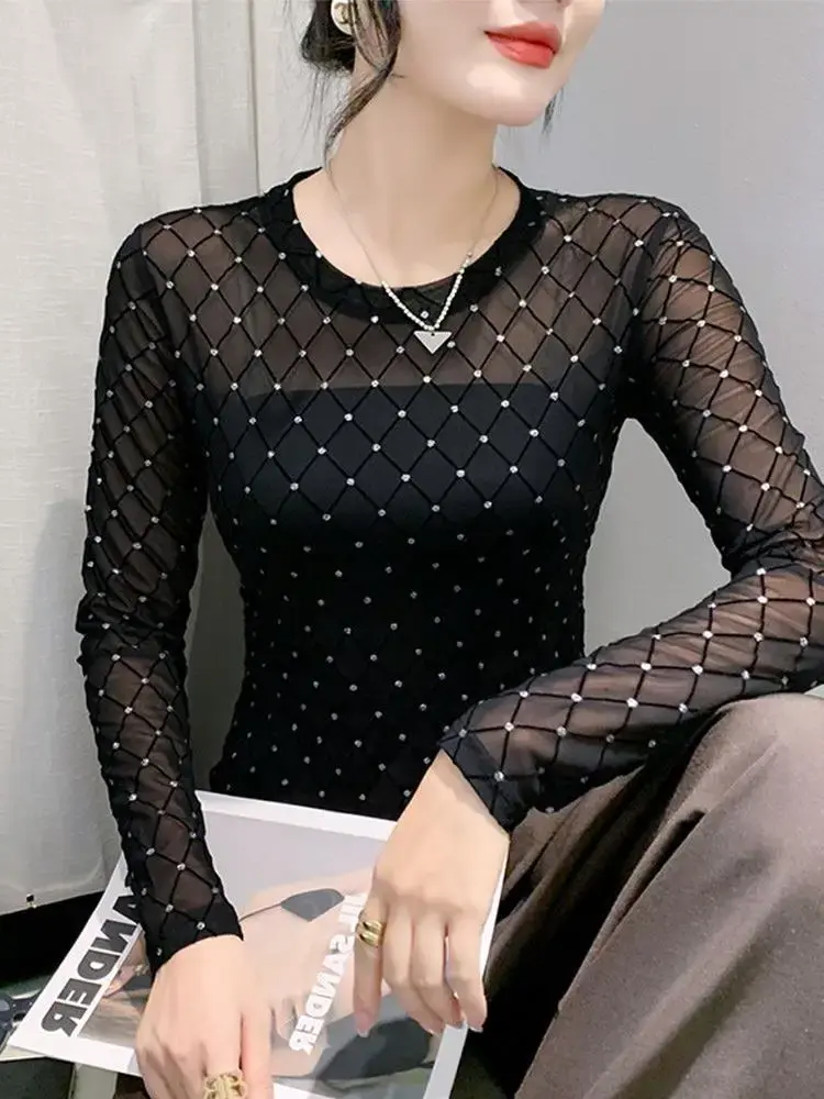 Sexy Mesh T-Shirt Women's Long Sleeve with Rhinestones Autumn Top Ins Design Sensibility Slims You Smooths Your Silhouette Breat