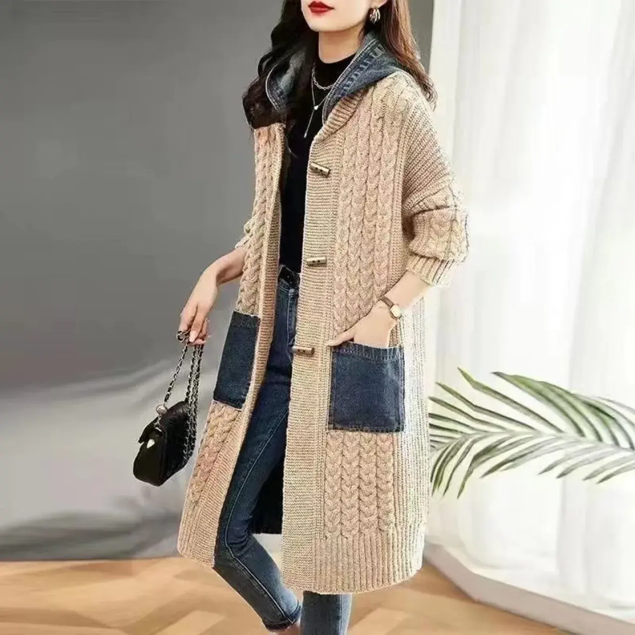 Women's Spring Autumn Cardigan Medium-Length 2024 New Style Loose-Fit Outerwear Hooded Knit Top Thick Thin For Winter