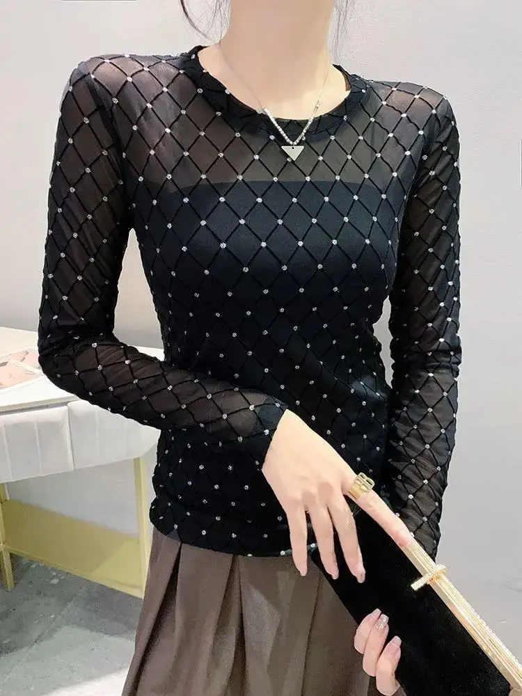 Sexy Mesh T-Shirt Women's Long Sleeve with Rhinestones Autumn Top Ins Design Sensibility Slims You Smooths Your Silhouette Breat