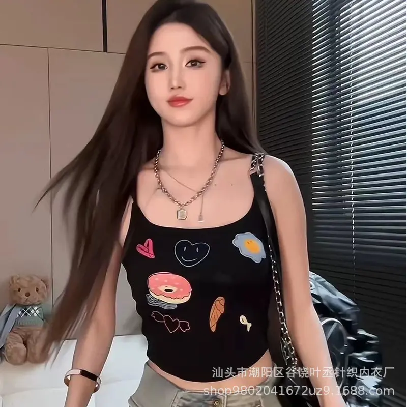 Pure Desire Graffiti Print Short Mini Tank Top with Chest Pad Spicy Girl Teenage Girl Inner Wear Base Layer Spicy Top