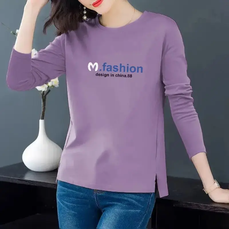 Pure Cotton Long Sleeve T-Shirt Women's Loose-Fit Plus Size Fashionable Stylish Base Layer Top Autumn2024 New Model