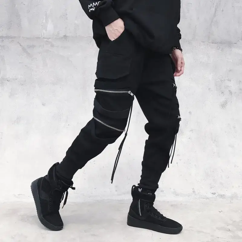 Trendy Men's Cargo Pants Zipper Decoration Wide Leg Hip Hop Streetwear Fashion Trousers Decorative Drawstring Casual Pants