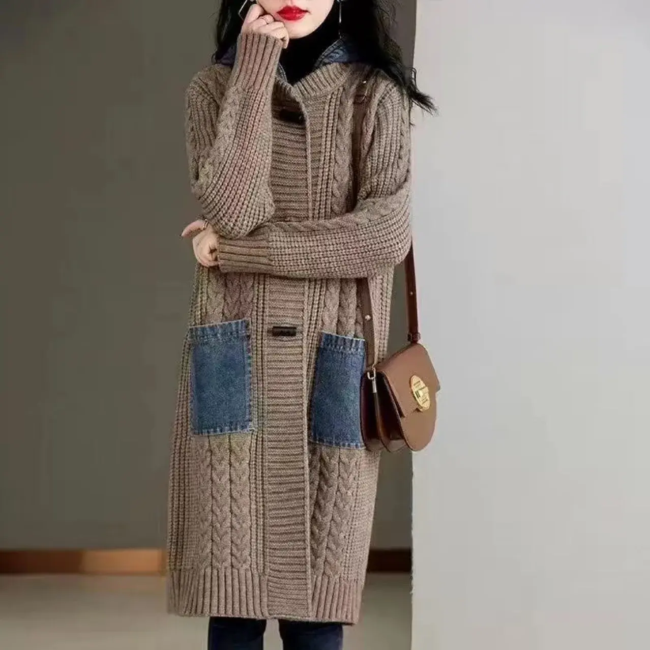 Women's Spring Autumn Cardigan Medium-Length 2024 New Style Loose-Fit Outerwear Hooded Knit Top Thick Thin For Winter