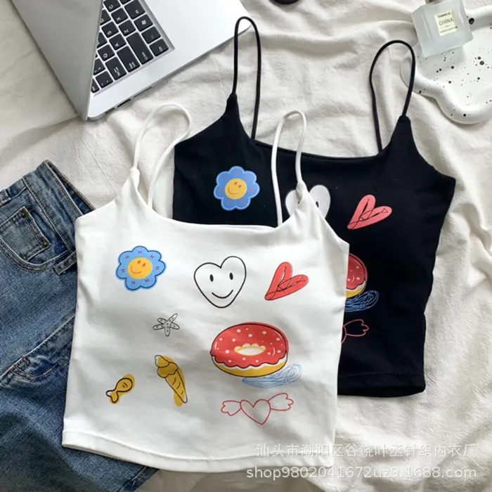Pure Desire Graffiti Print Short Mini Tank Top with Chest Pad Spicy Girl Teenage Girl Inner Wear Base Layer Spicy Top