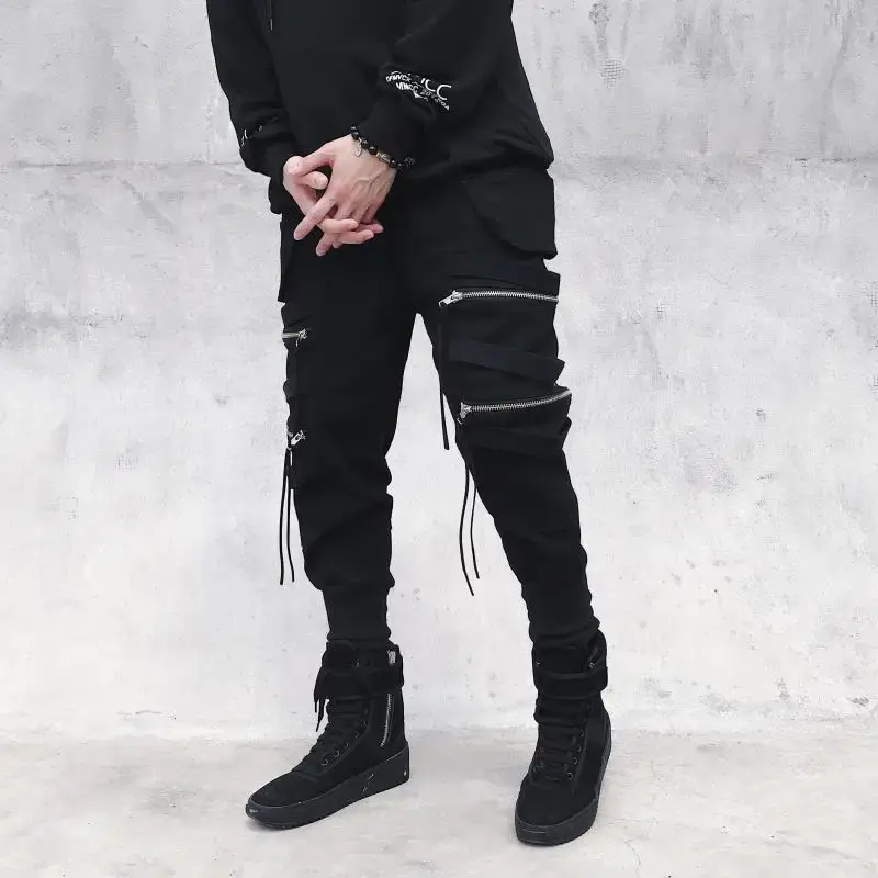 Trendy Men's Cargo Pants Zipper Decoration Wide Leg Hip Hop Streetwear Fashion Trousers Decorative Drawstring Casual Pants