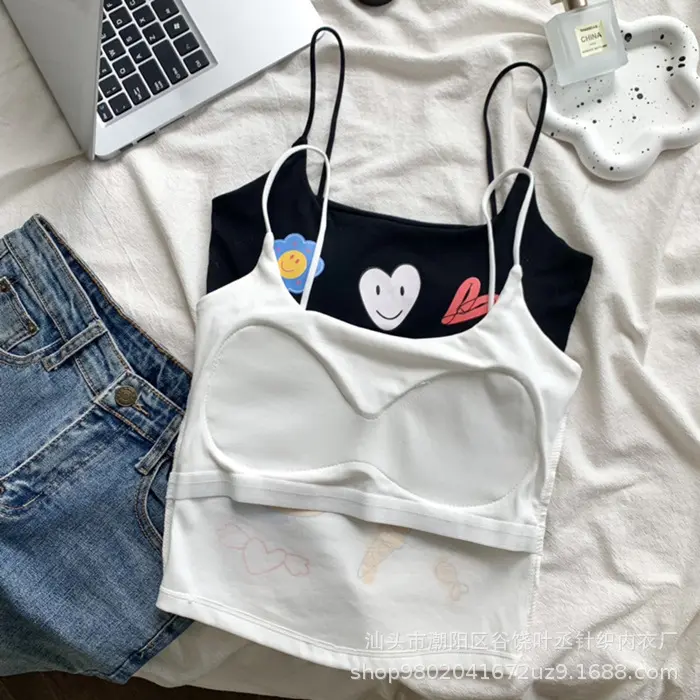 Pure Desire Graffiti Print Short Mini Tank Top with Chest Pad Spicy Girl Teenage Girl Inner Wear Base Layer Spicy Top