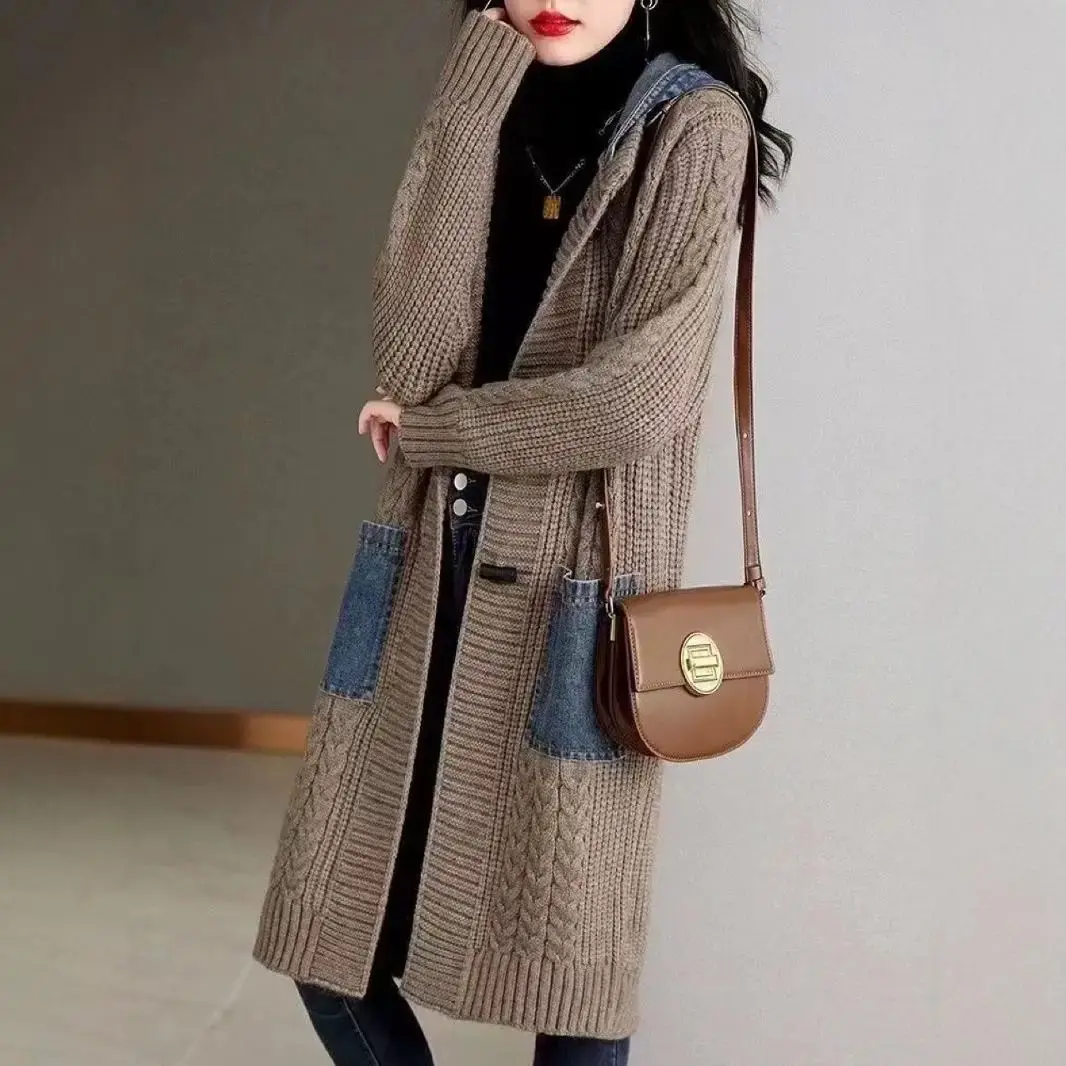 Women's Spring Autumn Cardigan Medium-Length 2024 New Style Loose-Fit Outerwear Hooded Knit Top Thick Thin For Winter