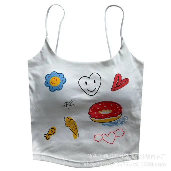 Pure Desire Graffiti Print Short Mini Tank Top with Chest Pad Spicy Girl Teenage Girl Inner Wear Base Layer Spicy Top