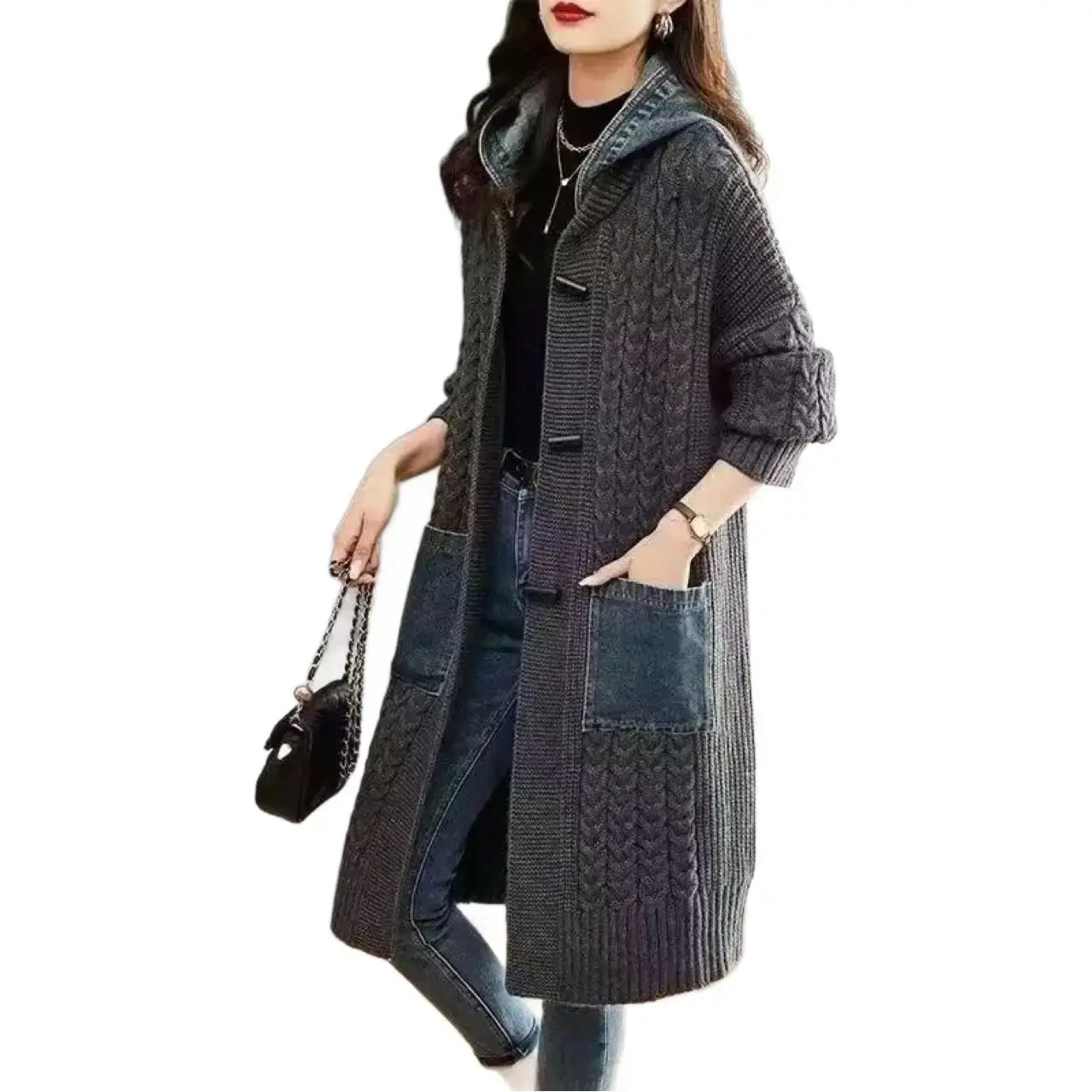 Women's Spring Autumn Cardigan Medium-Length 2024 New Style Loose-Fit Outerwear Hooded Knit Top Thick Thin For Winter