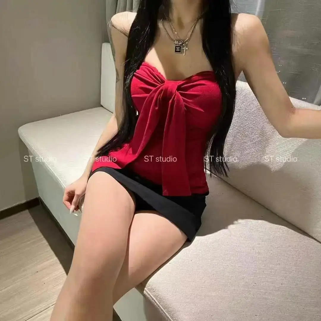 Slimming Ice Silk Rope Butterfly Knot Tube Top Vest Women's Summer Pure Desire Wrap Chest Top Short Sleeve Crew Neck T-shirt