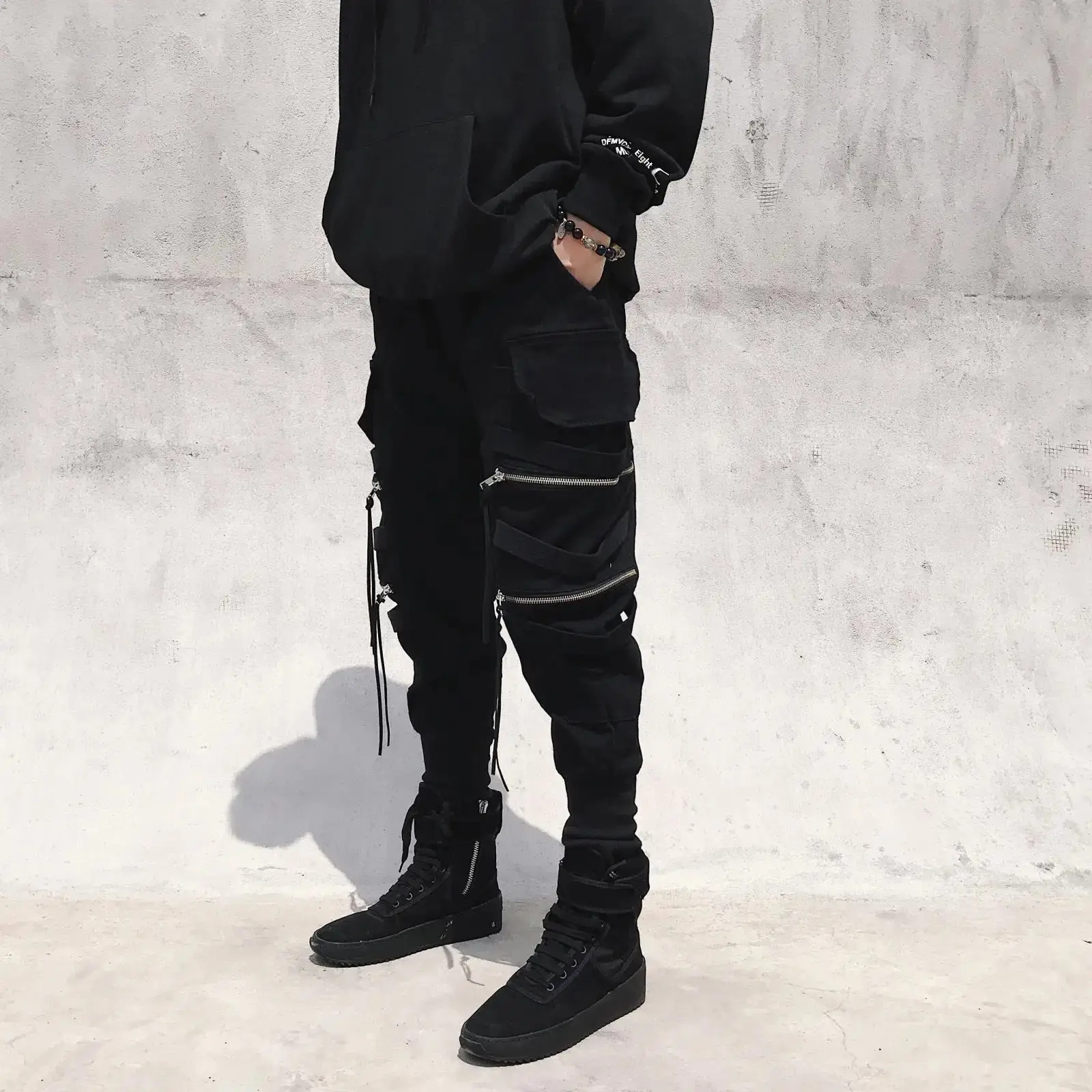 Trendy Men's Cargo Pants Zipper Decoration Wide Leg Hip Hop Streetwear Fashion Trousers Decorative Drawstring Casual Pants