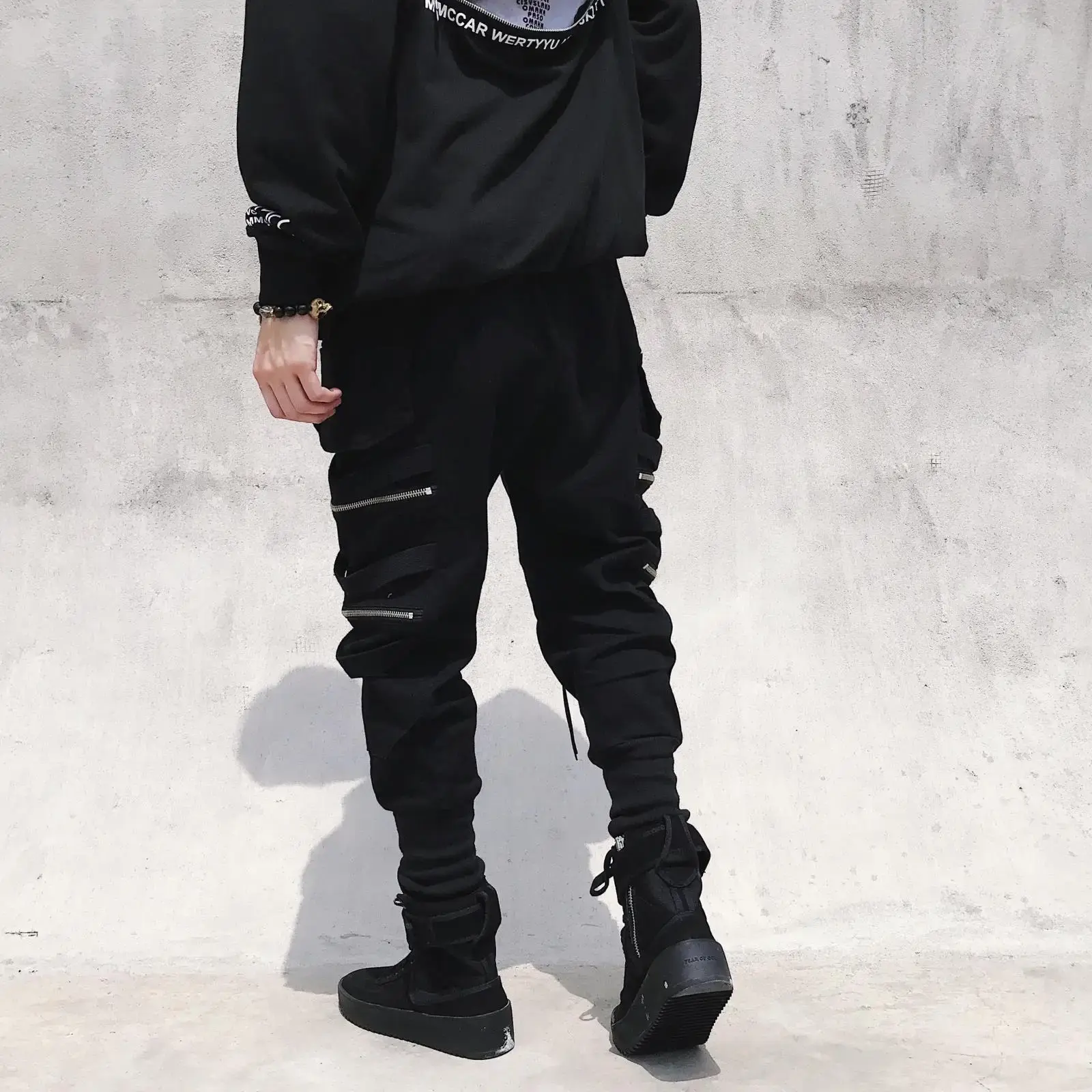 Trendy Men's Cargo Pants Zipper Decoration Wide Leg Hip Hop Streetwear Fashion Trousers Decorative Drawstring Casual Pants