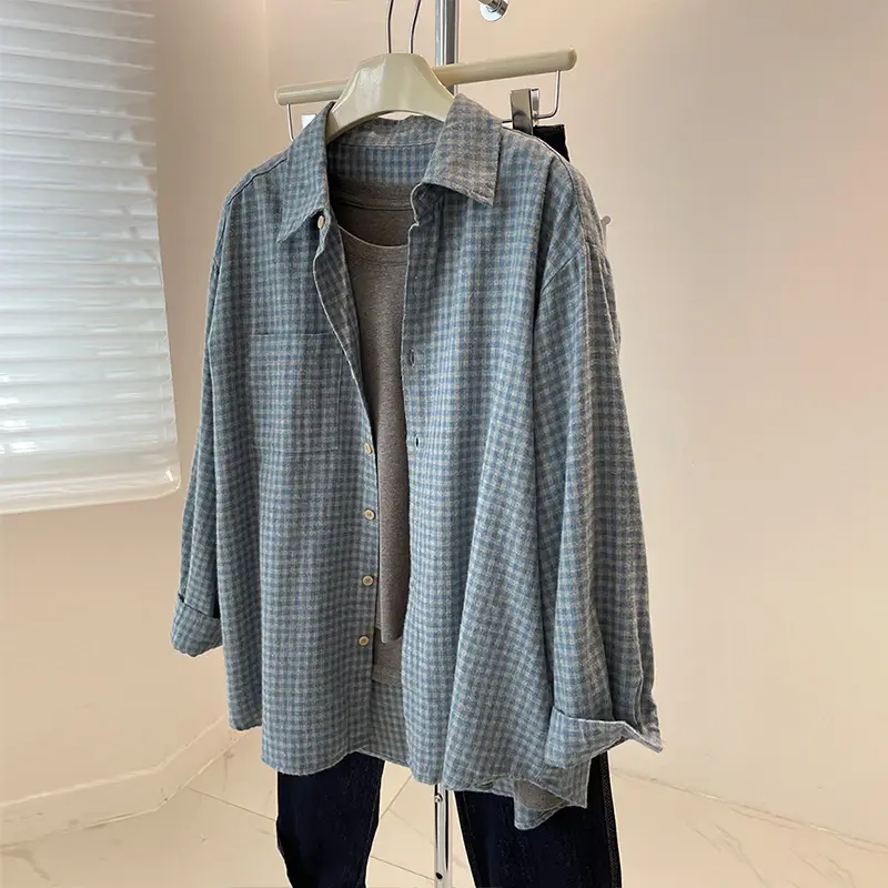 Retro Washed Brushed Plaid Shirt Jacket Women Spring Autumn Thickened Loose Casual Outerwear Trendy Layered Top