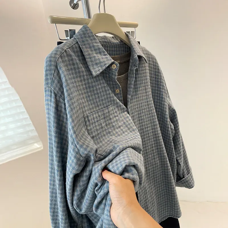 Retro Washed Brushed Plaid Shirt Jacket Women Spring Autumn Thickened Loose Casual Outerwear Trendy Layered Top