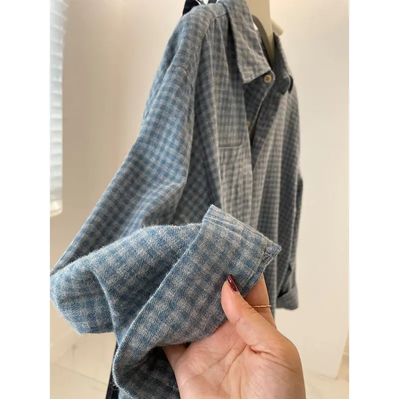 Retro Washed Brushed Plaid Shirt Jacket Women Spring Autumn Thickened Loose Casual Outerwear Trendy Layered Top