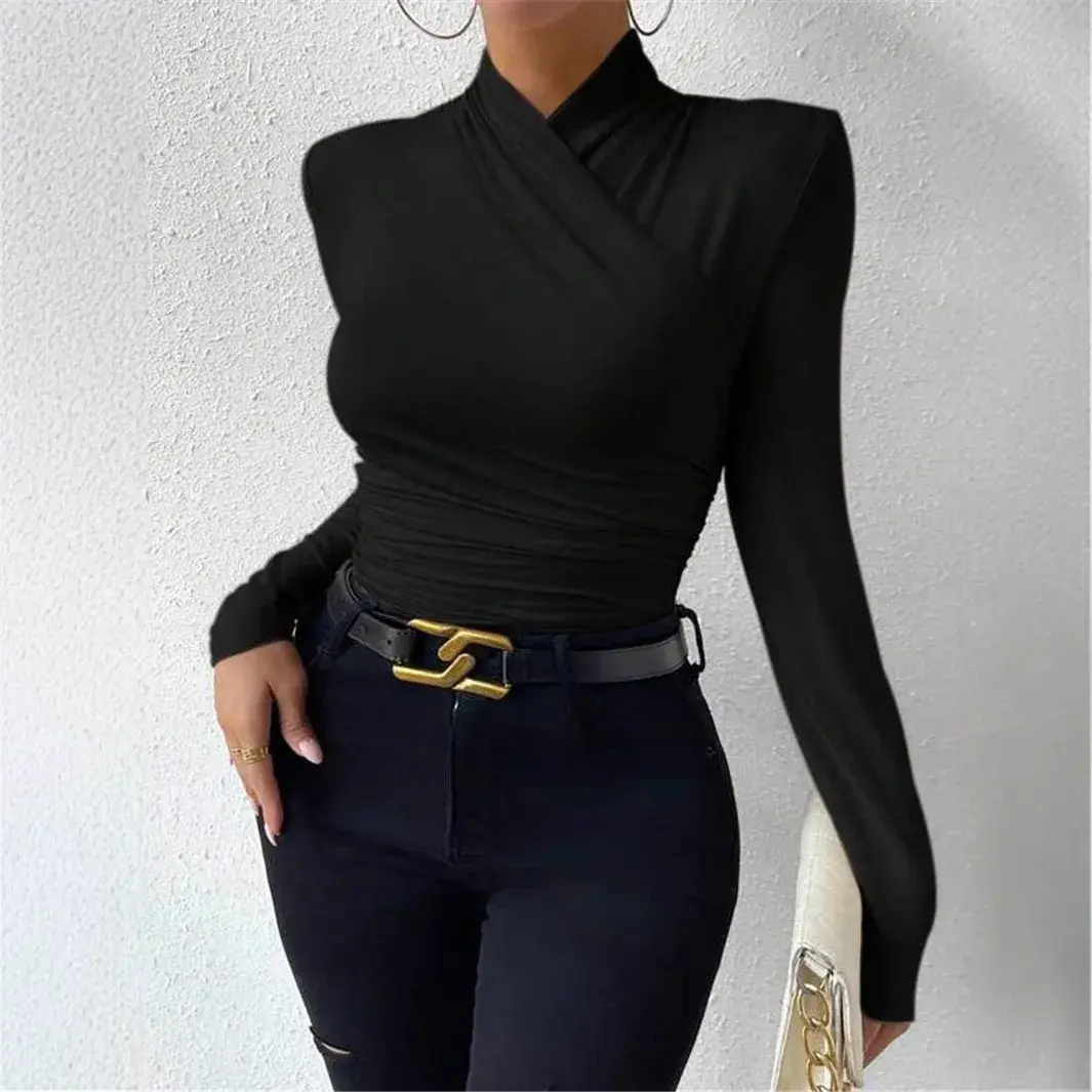 Autumn/Winter New Design Sensibility Crossbody Neck Slims T-Shirt Versatile Drawstring Polyester Top Full Sleeve For Men And Wom