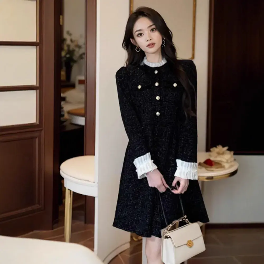 Red Luxury Mini Dress Women's Autumn Winter Princess Sleeve Empire Waist Long Skirt Length New Year's Celebration Dress