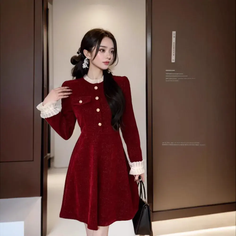 Red Luxury Mini Dress Women's Autumn Winter Princess Sleeve Empire Waist Long Skirt Length New Year's Celebration Dress