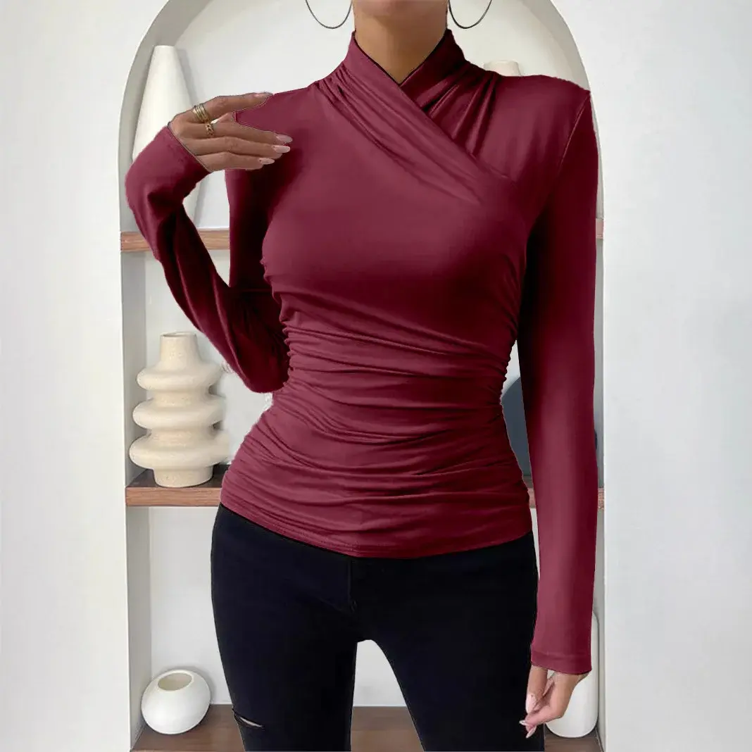 Autumn/Winter New Design Sensibility Crossbody Neck Slims T-Shirt Versatile Drawstring Polyester Top Full Sleeve For Men And Wom