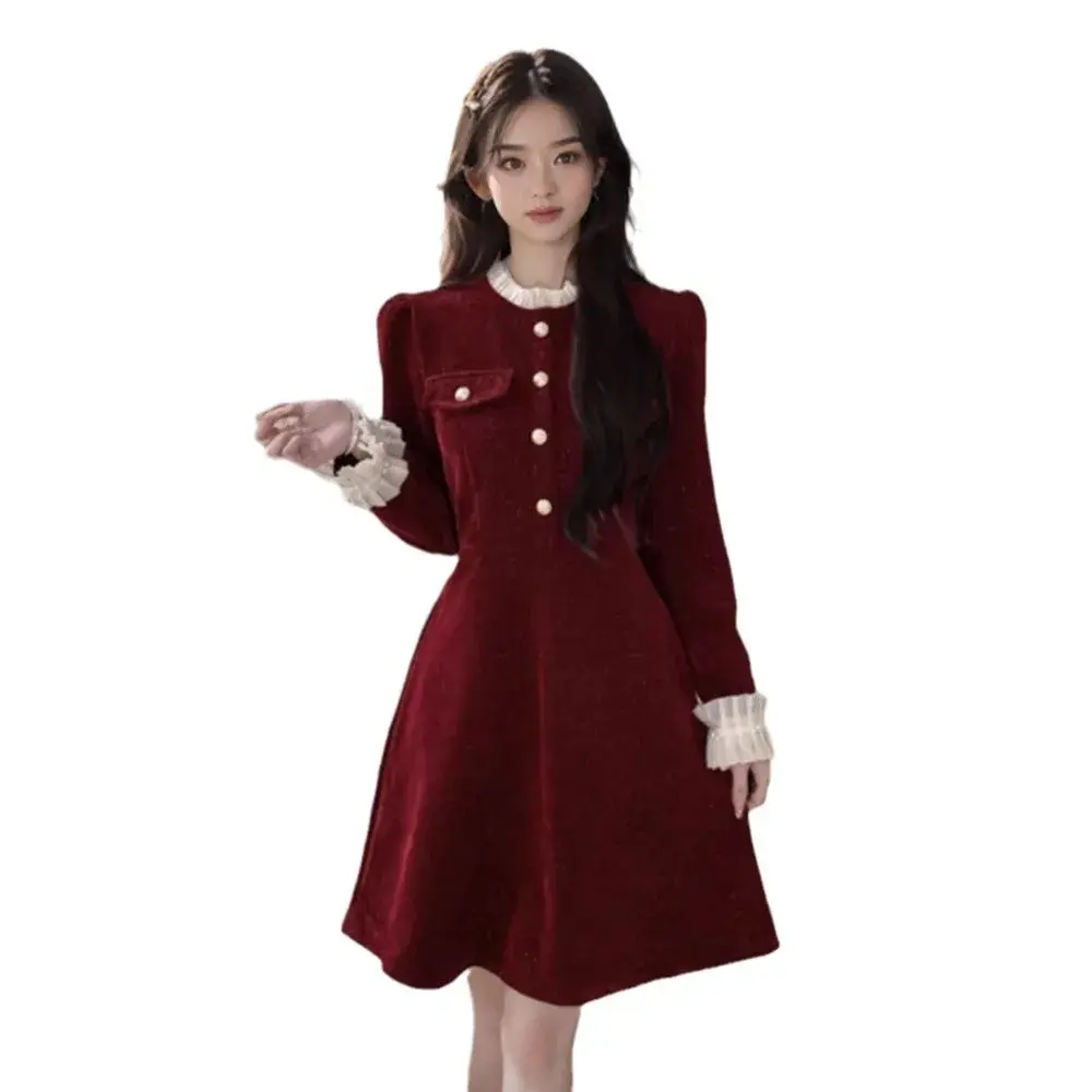 Red Luxury Mini Dress Women's Autumn Winter Princess Sleeve Empire Waist Long Skirt Length New Year's Celebration Dress