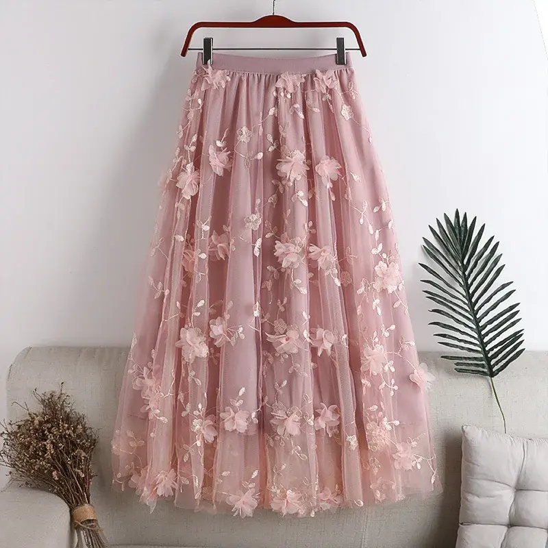 Heavy Embroidery Mesh Skirt Artistic A- Line Midi Skirt plus Size Spring New Style Polyester Fiber Gored Skirt