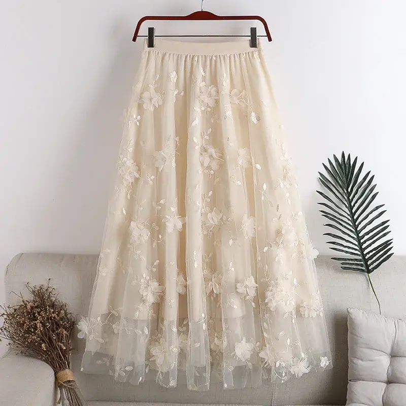 Heavy Embroidery Mesh Skirt Artistic A- Line Midi Skirt plus Size Spring New Style Polyester Fiber Gored Skirt