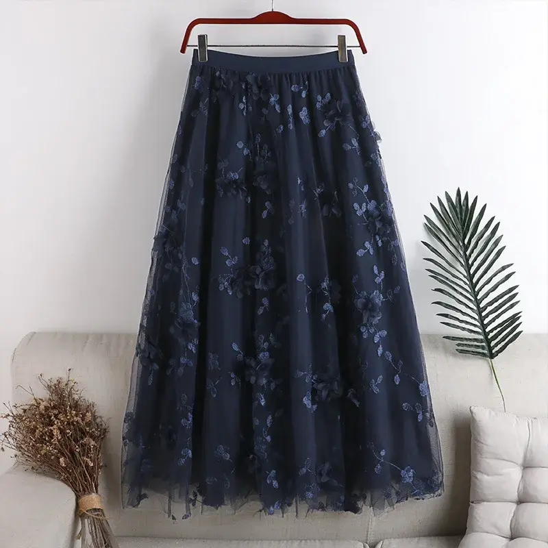 Heavy Embroidery Mesh Skirt Artistic A- Line Midi Skirt plus Size Spring New Style Polyester Fiber Gored Skirt