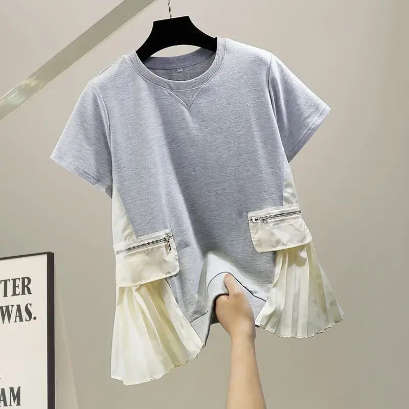 Elegant Fashionable Loose-Fit Slimming T-Shirt Short Sleeves Cotton Crew Neck Design Sensibilitybottom Baizhuan Color Blocking