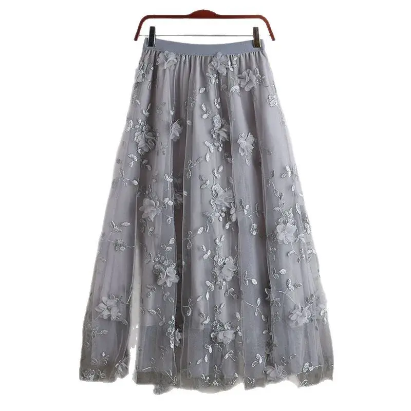 Heavy Embroidery Mesh Skirt Artistic A- Line Midi Skirt plus Size Spring New Style Polyester Fiber Gored Skirt