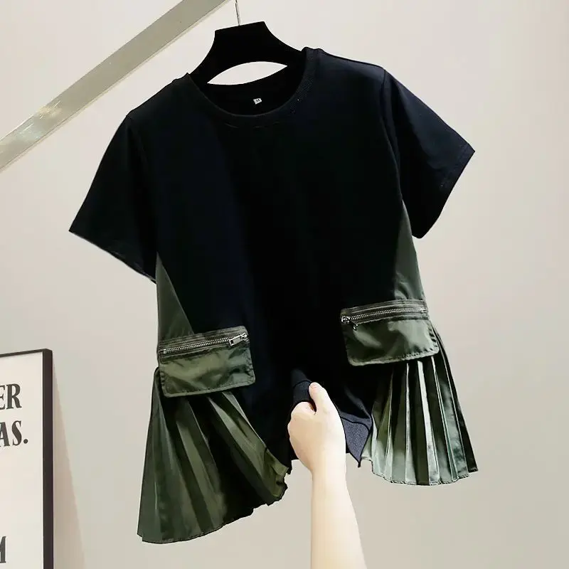 Elegant Fashionable Loose-Fit Slimming T-Shirt Short Sleeves Cotton Crew Neck Design Sensibilitybottom Baizhuan Color Blocking