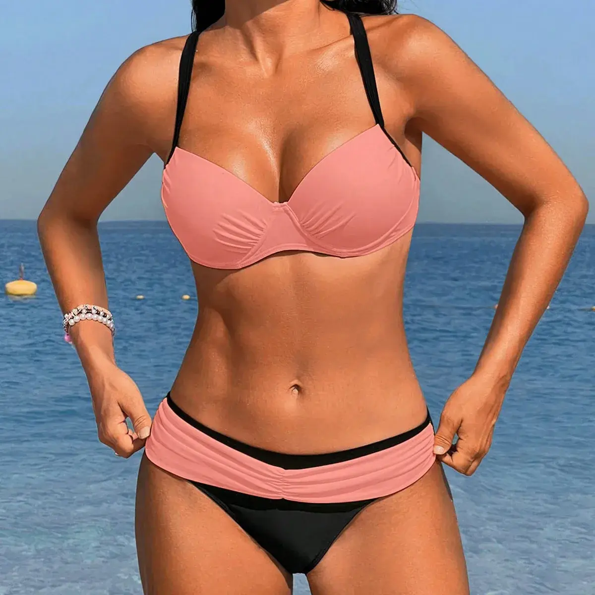 Sporty Surfing Beach Cross-Border Bikini Ensemble Sexy Color Block Gathered Pure Solid Color Women's Swimsuit Chinese Brand