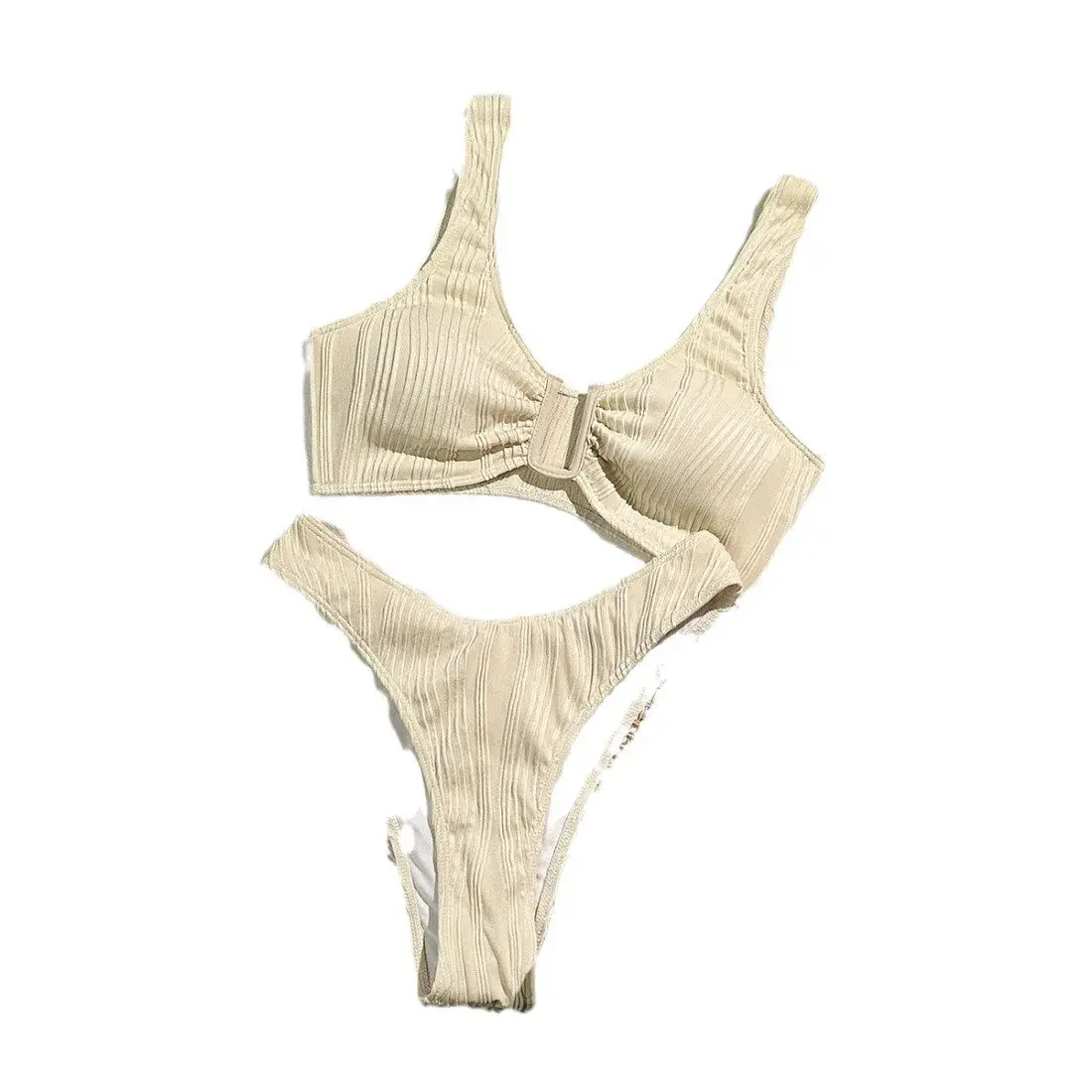 New 25-Year-Old Pure Color Striped Bikini Set Women's Beach Vacation Sexy Split Swimsuit Trendy Elegant Chinese Brand