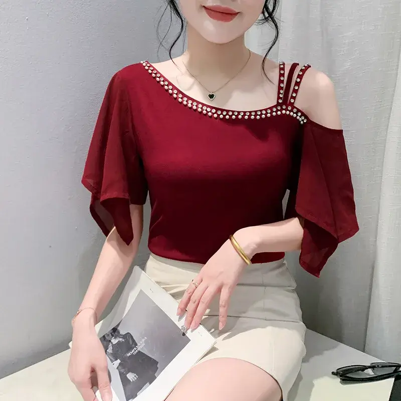 Sexy Korean Style Shoulder Bared T Shirt Women Short Sleeve Summer New Fashion Design Glitter Top Trendy Small Shirt